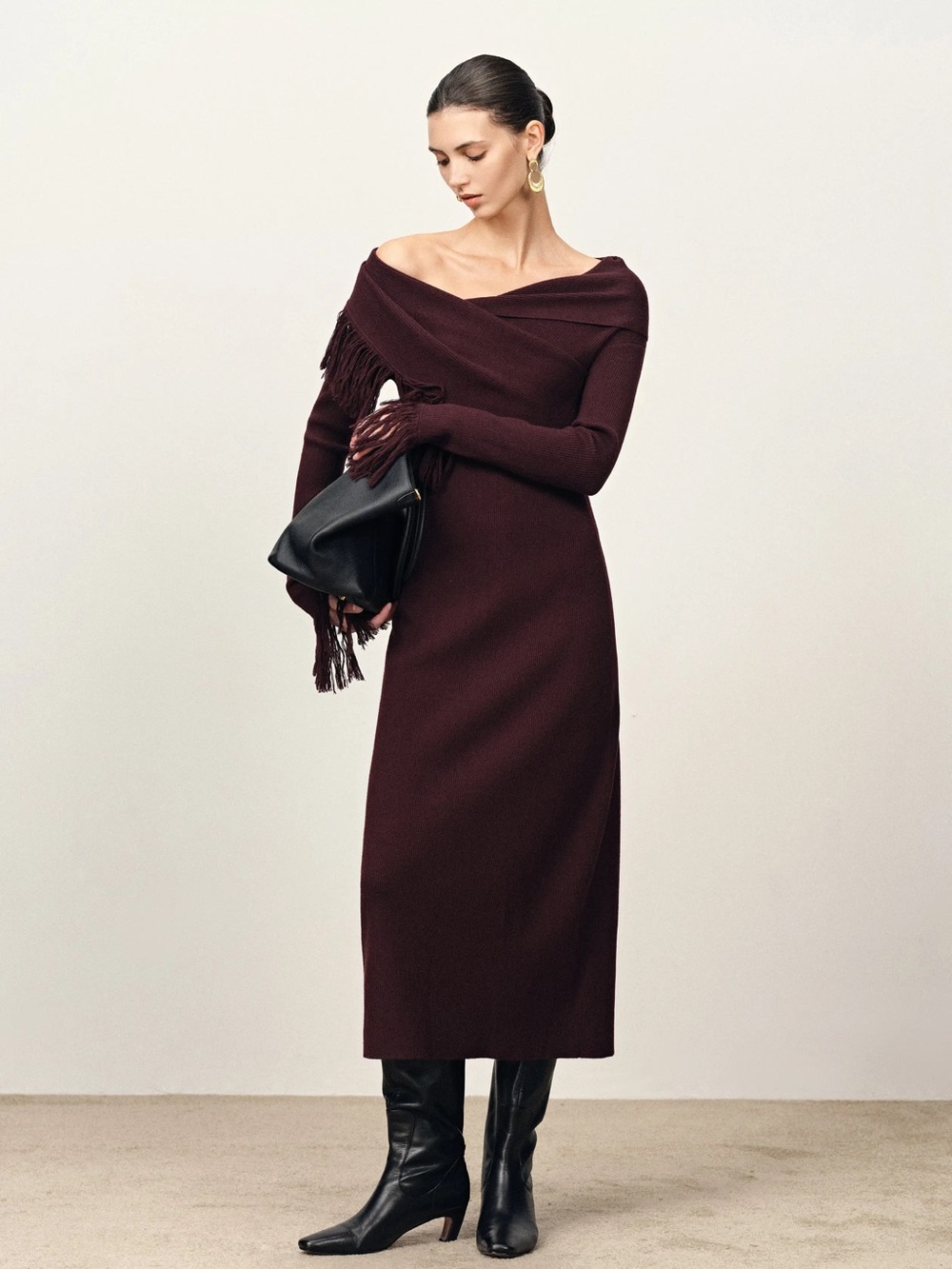 Oona One Shoulder Ashmmetric Fringe Dress in Merino Wool with Stretch Knit